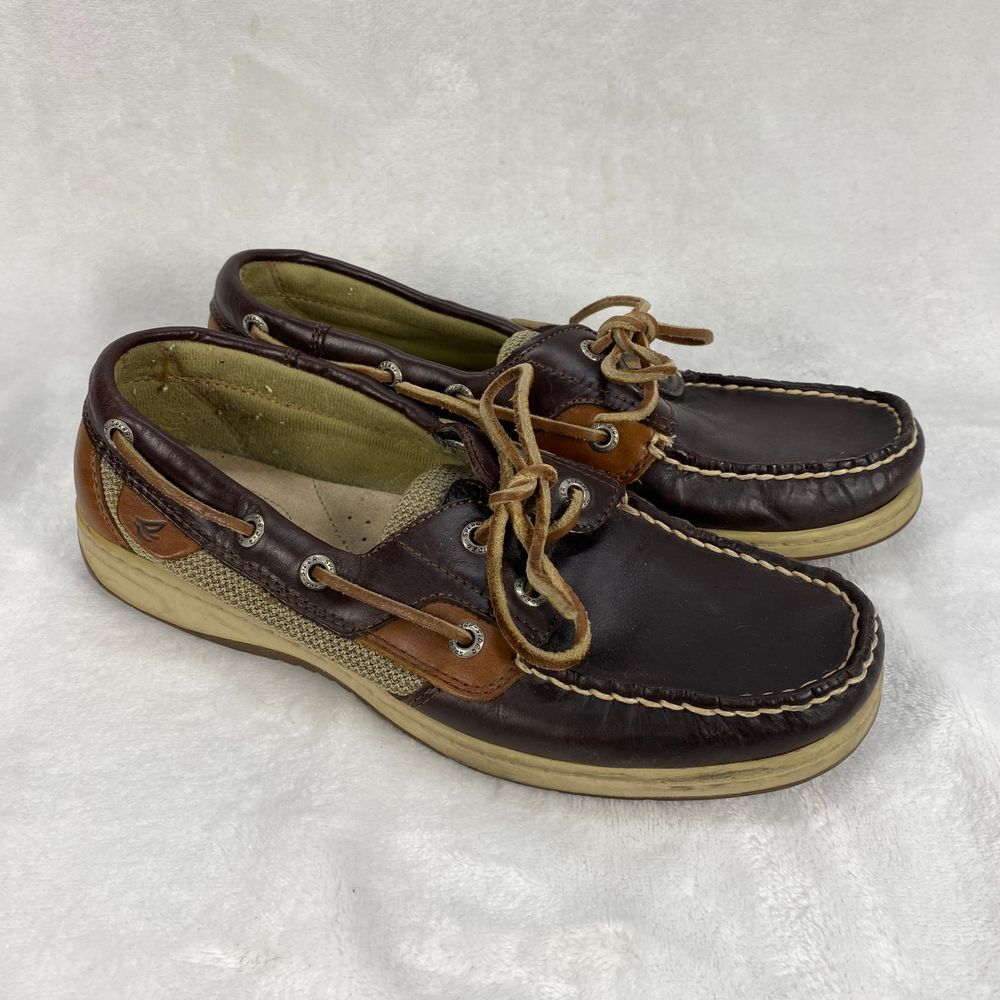 Sperry Top-Sider Leather Boat Shoes Mesh Detail Brown Tan Comfort Loafers‎ 7.5M